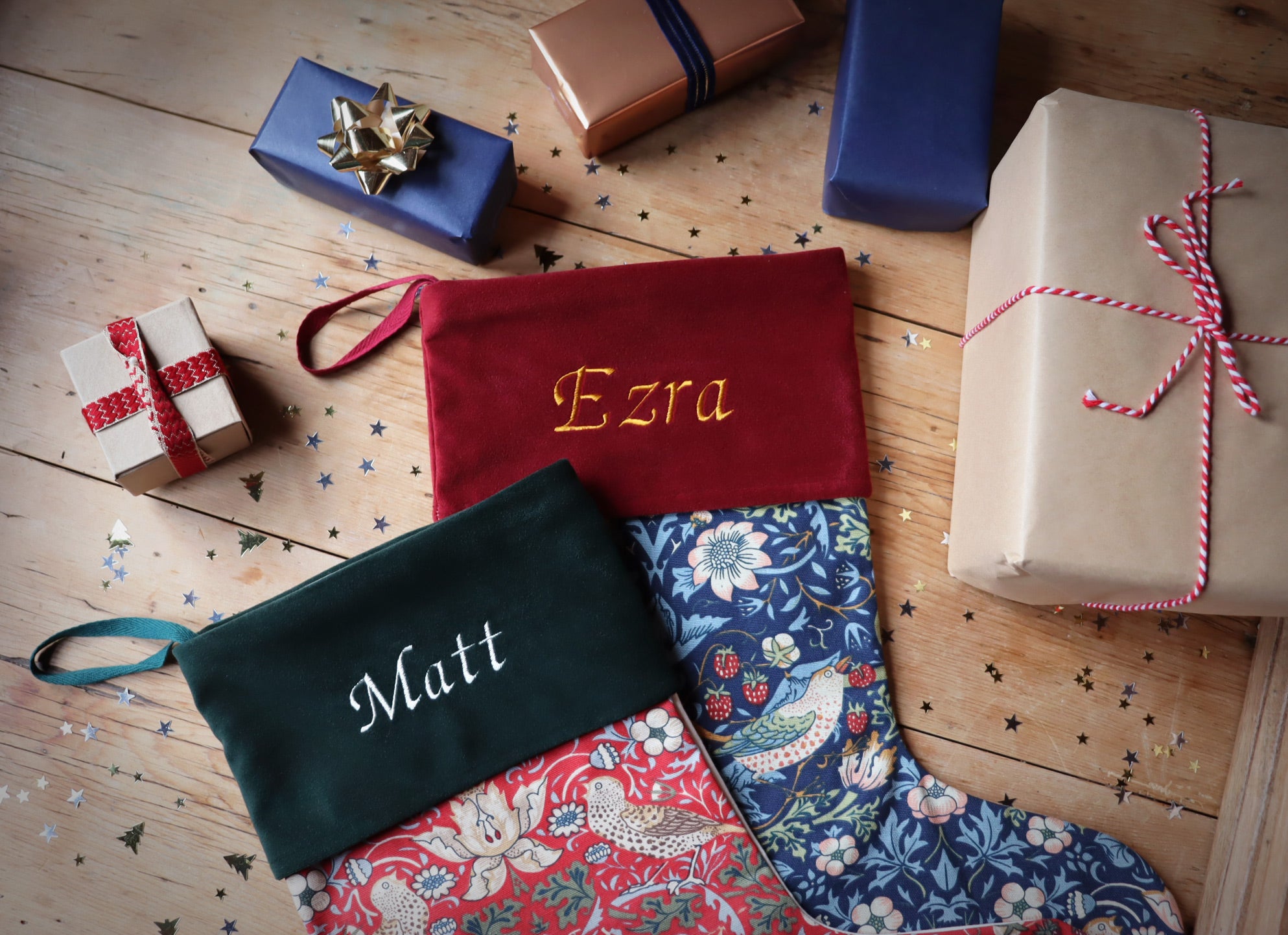 Indigo William Morris Strawberry Thief Christmas Stocking