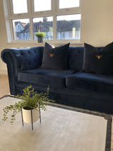 Modern lounge featuring two bumble bee sofa cushions.