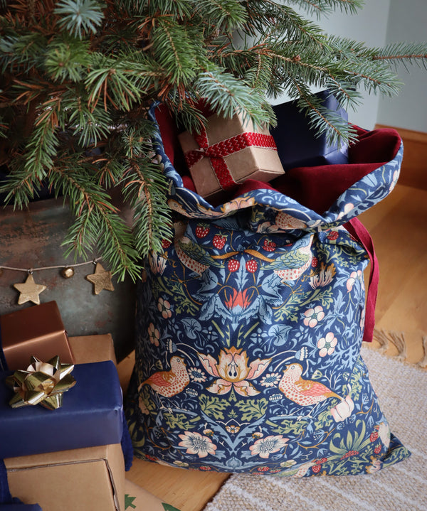 Indigo William Morris Strawberry Thief Christmas Sack