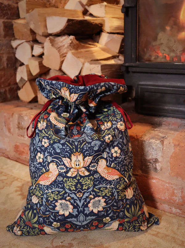 Indigo William Morris Strawberry Thief Christmas Sack