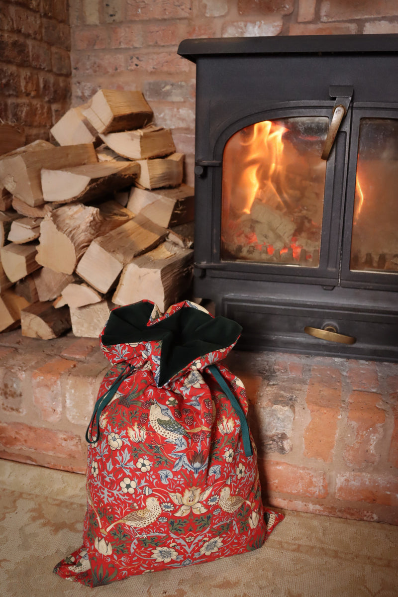 Red William Morris Strawberry Thief Christmas Sack