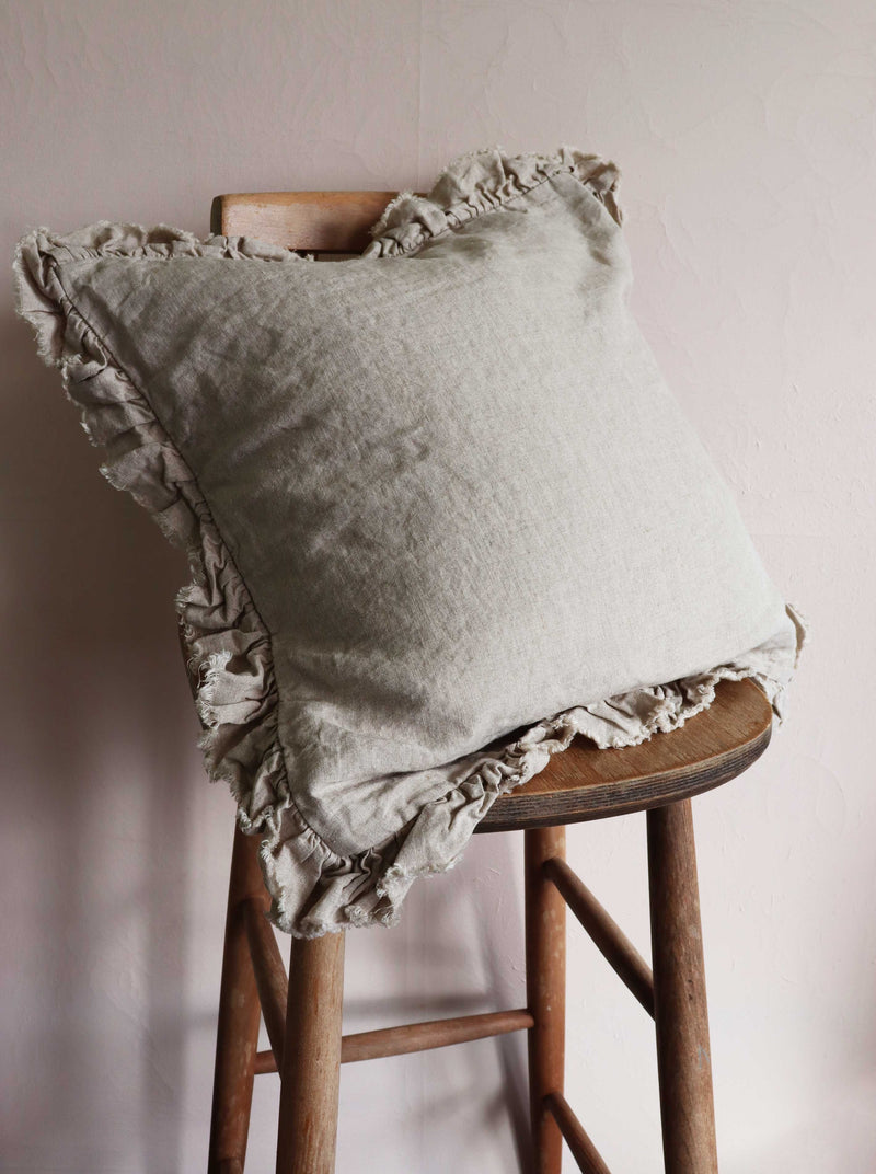 Beige Ruffle Linen Cushion Cover