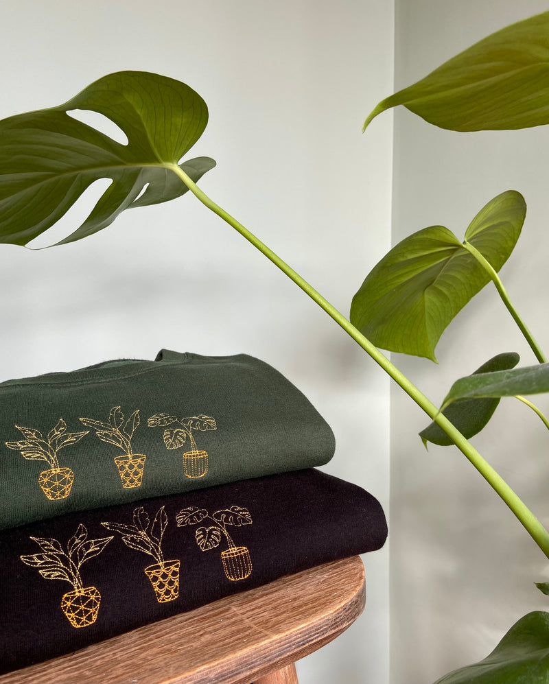 Embroidered golden house plant design, stack of two sweatshirts on forest green and black. Monstera deliciosa (Swiss cheese) plant in background.
